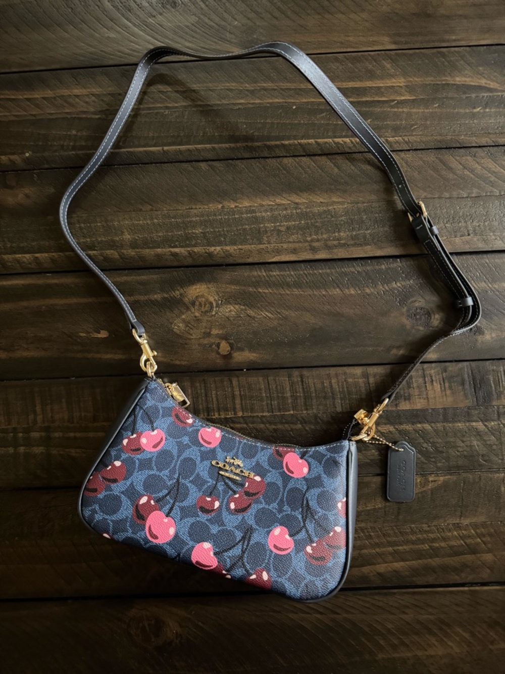 Coach Navy Cherry Print Mini Shoulder Bag with Pink Accents - Picture 3 of 5